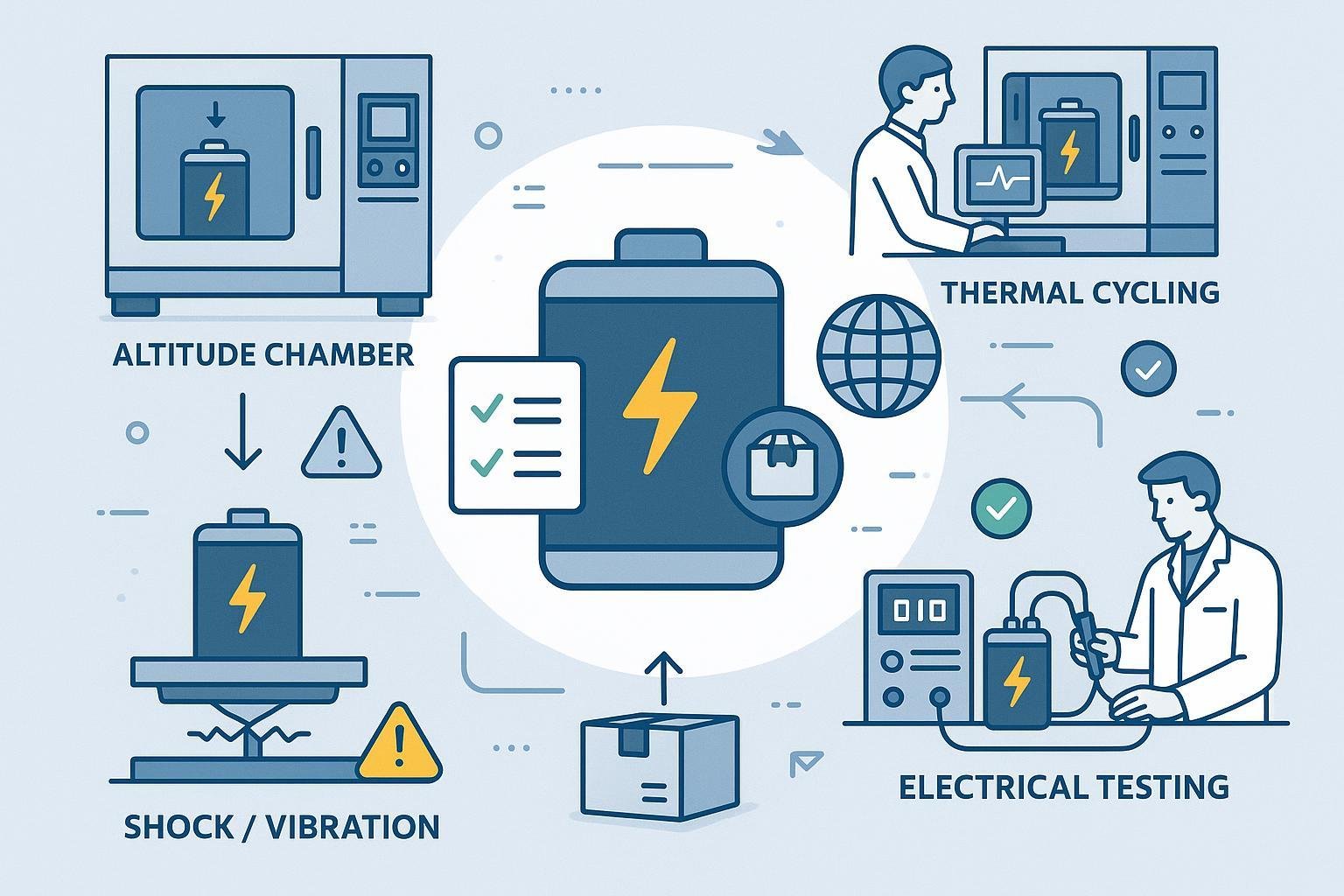 UN38.3 lithium battery testing, compliance, and international shipping process infographic cover
