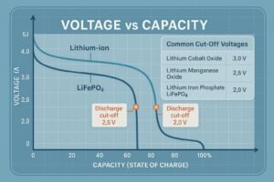 Voltage vs. capacity curve with discharge cut-off points and lithium battery chemistry comparison table.