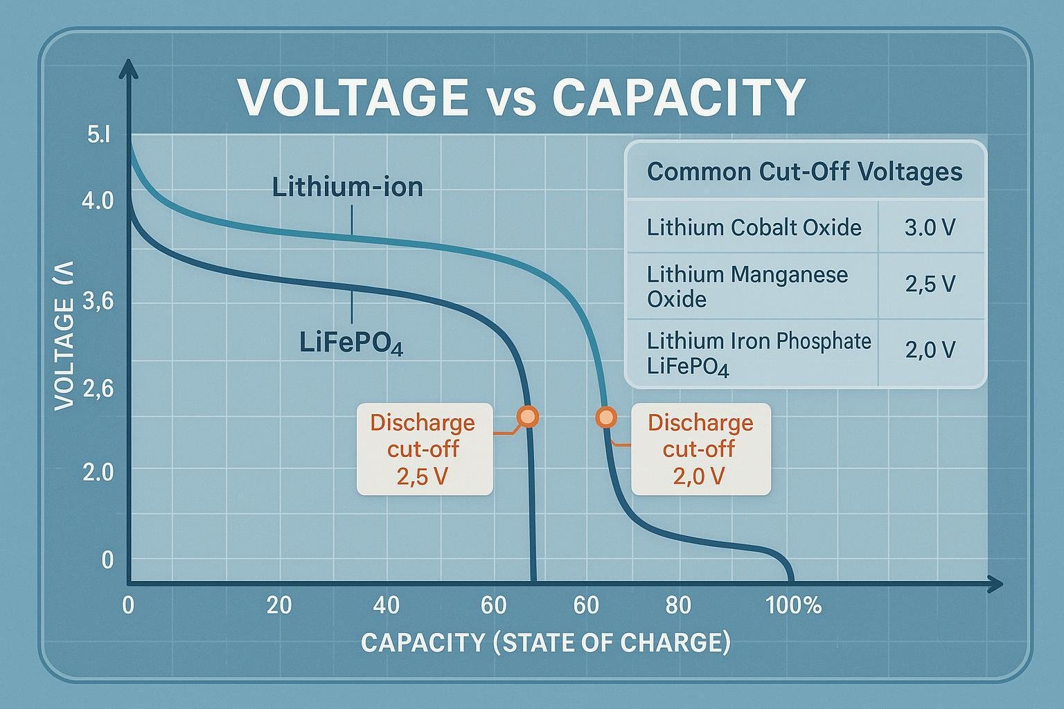 Voltage vs. capacity curve with discharge cut-off points and lithium battery chemistry comparison table.