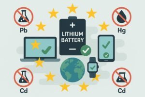 Illustration representing RoHS compliance for lithium batteries and electronics with hazardous substances icons crossed out.