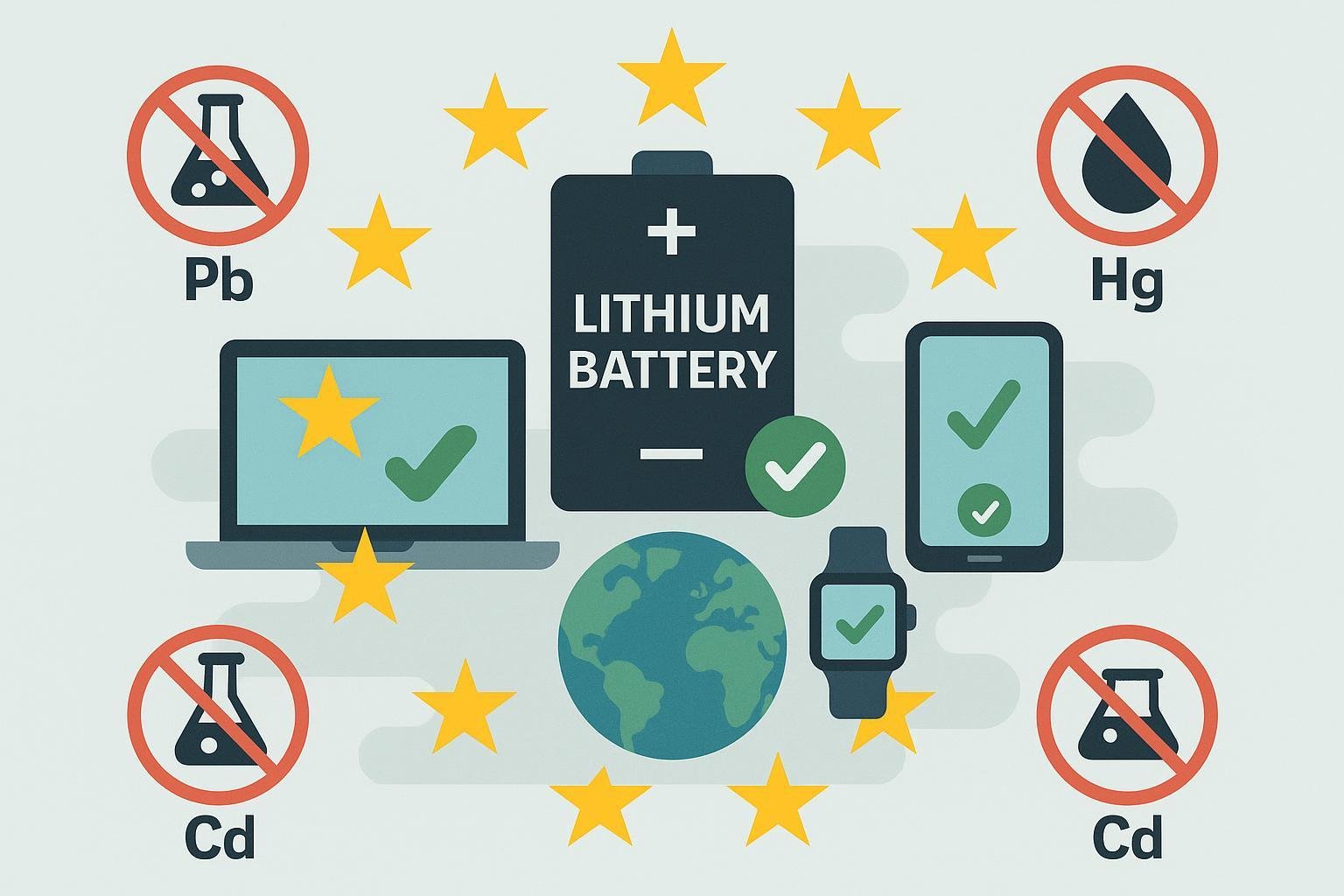 Illustration representing RoHS compliance for lithium batteries and electronics with hazardous substances icons crossed out.