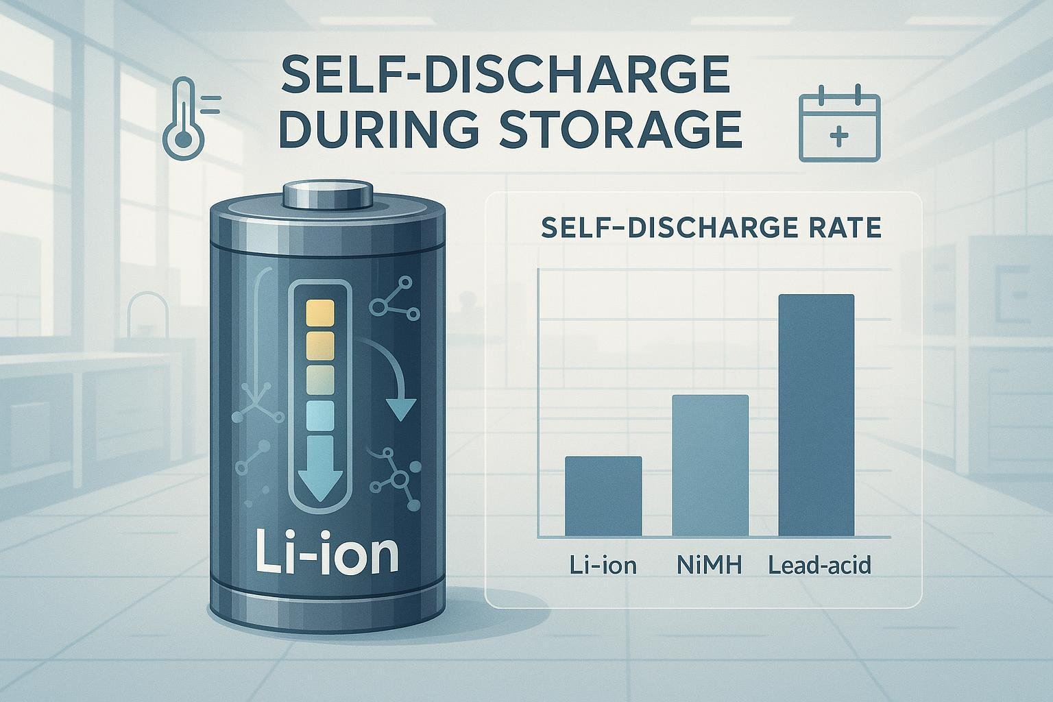 Infographic comparing self-discharge rates in lithium-ion, NiMH, and lead-acid batteries, showing energy loss during storage.