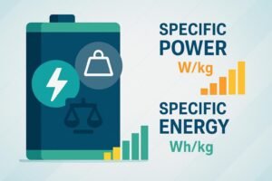 Infographic cover: battery illustration with icons for power and mass, visualizing specific power in lithium batteries.