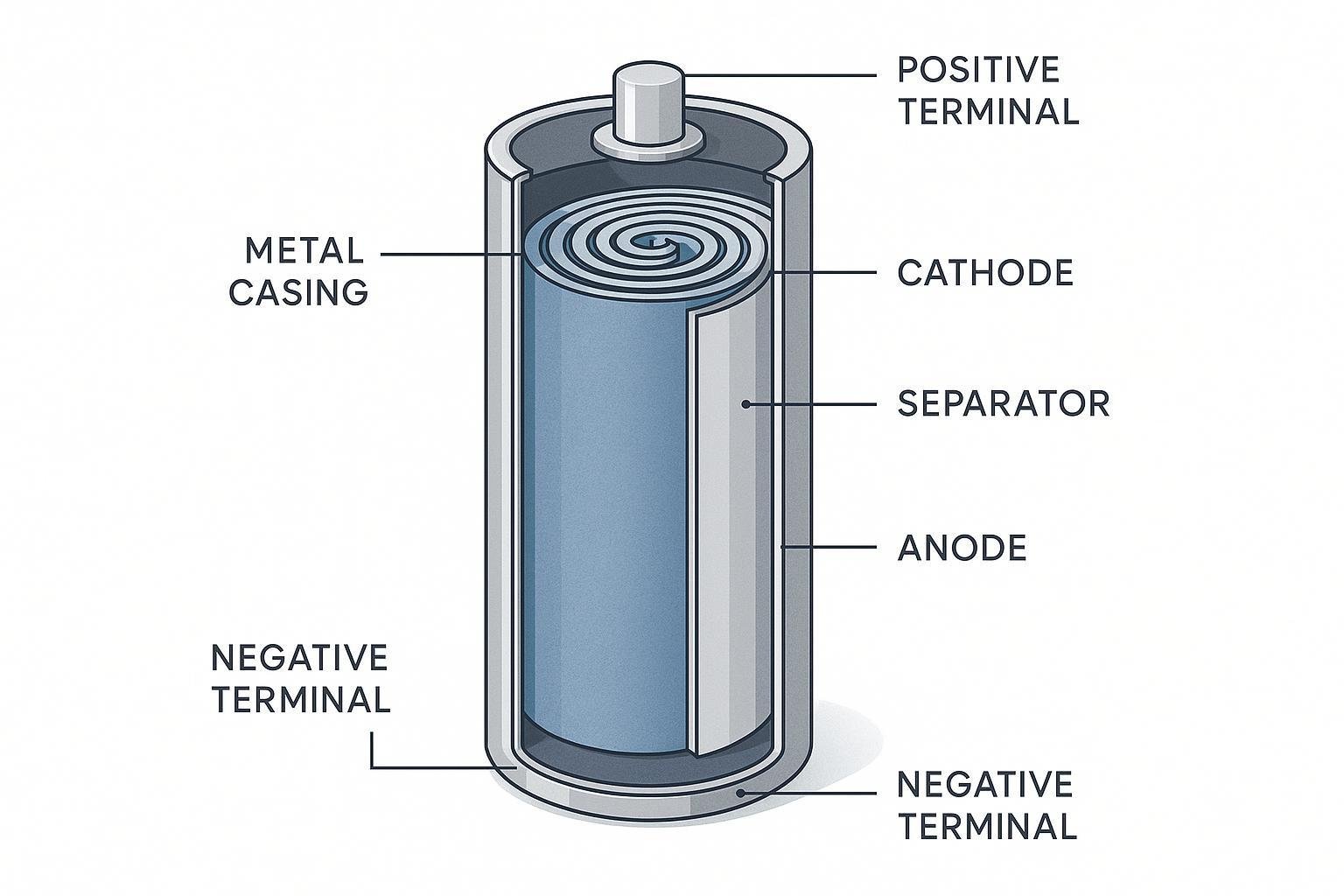 Diagram showing the internal structure of a cylindrical lithium-ion cell, including a labeled jelly roll and metal casing.