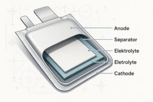 Cross-sectional diagram of a lithium-ion pouch cell battery showing internal layers and flexible casing.