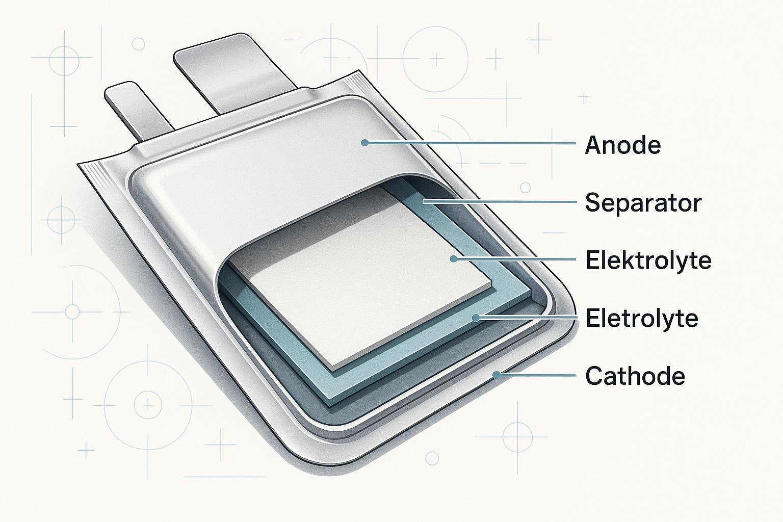 Cross-sectional diagram of a lithium-ion pouch cell battery showing internal layers and flexible casing.