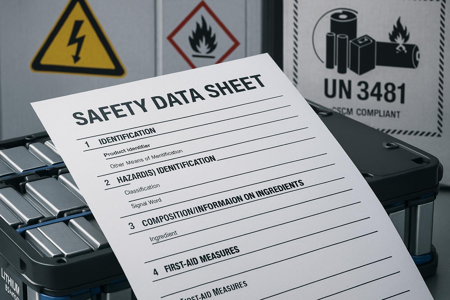 Safety Data Sheet (SDS) form alongside lithium battery pack and hazard icons for regulatory compliance.
