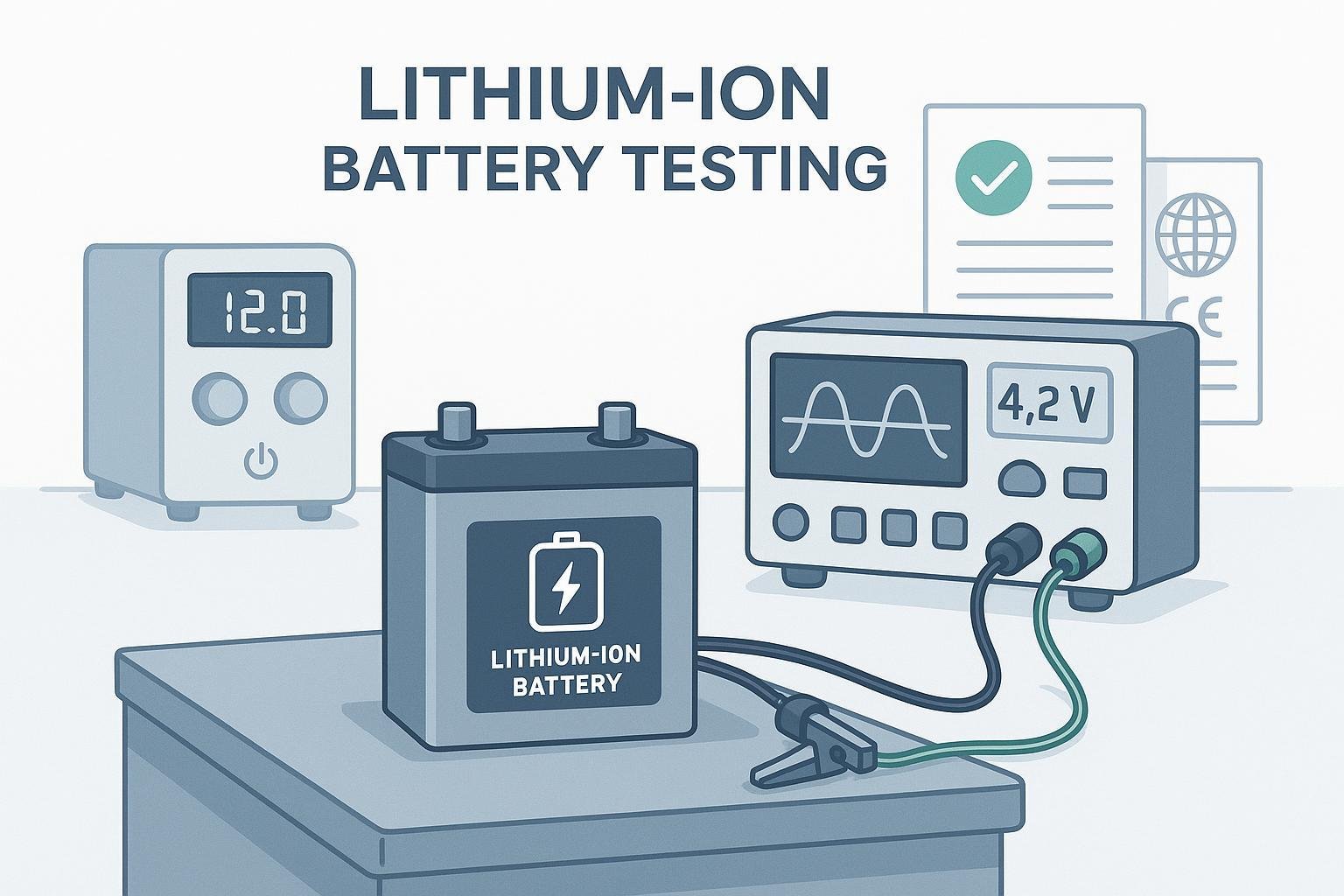Modern laboratory testing lithium battery for IEC 62133 certification with global compliance symbols