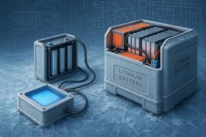 Lithium-ion battery pack with integrated heating and insulation, operating in a cold, snowy industrial environment with engineering schematic overlay.
