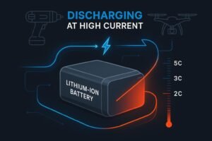 Cover image showing a lithium-ion battery with high discharge rate and device examples like drone and power tool.