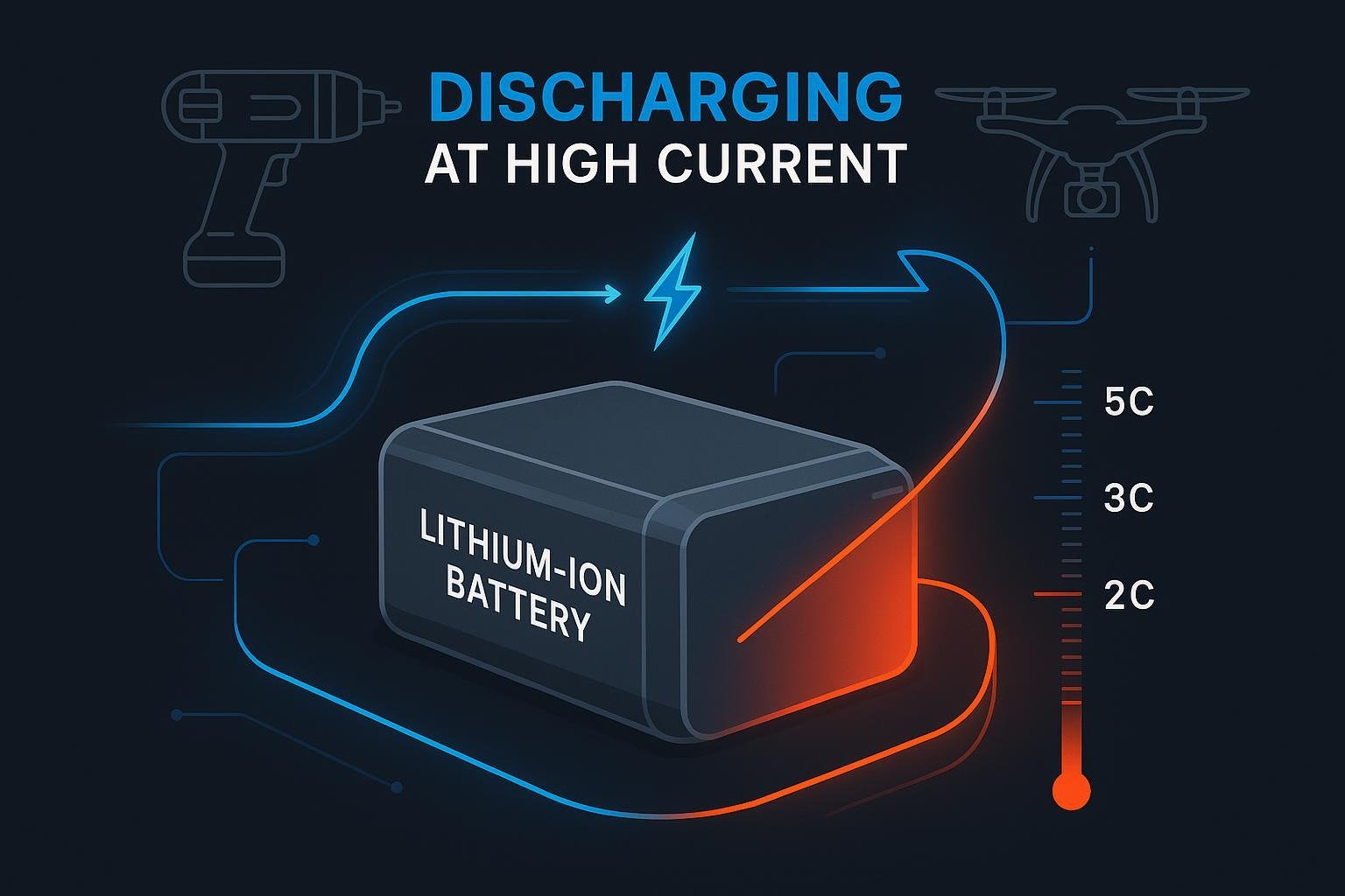Cover image showing a lithium-ion battery with high discharge rate and device examples like drone and power tool.