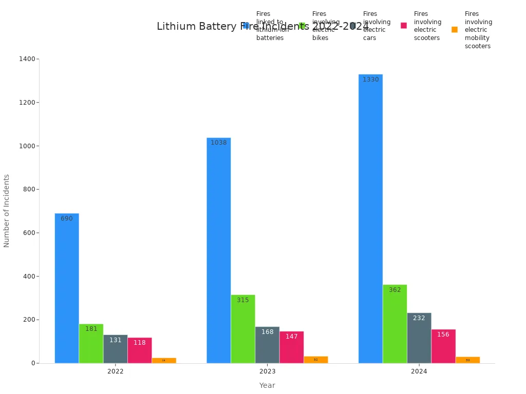Bar chart comparing lithium battery fire incidents by type from 2022 to 2024