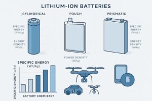 Cover image explaining Specific Energy for batteries with battery type illustrations and a comparative graph.