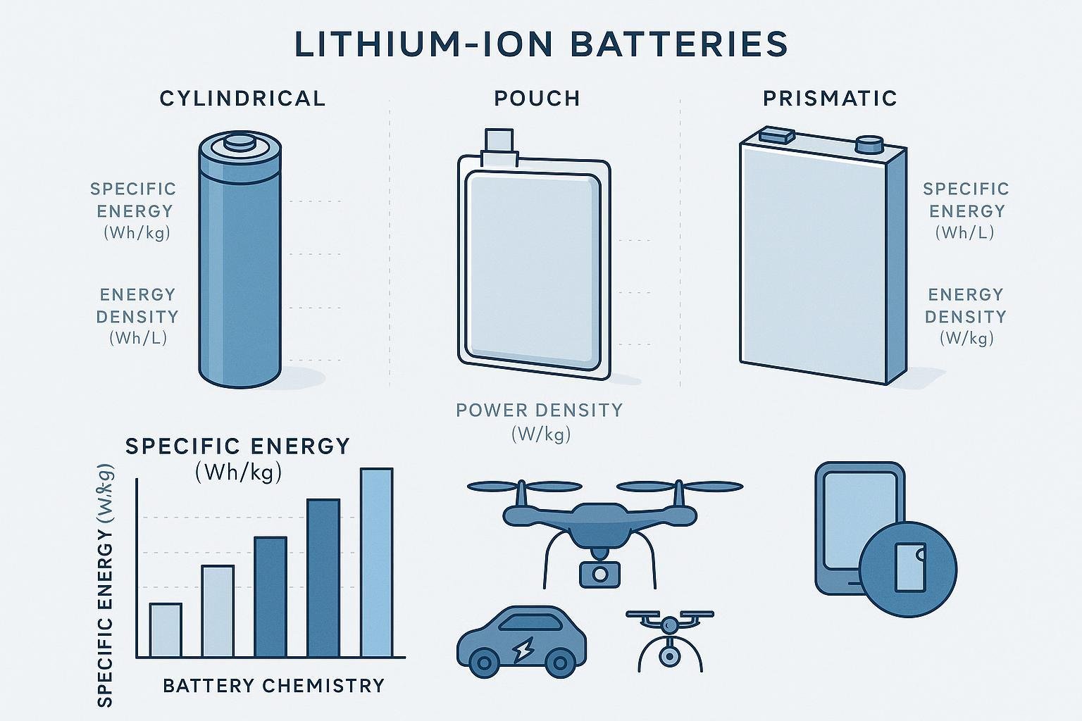 Cover image explaining Specific Energy for batteries with battery type illustrations and a comparative graph.