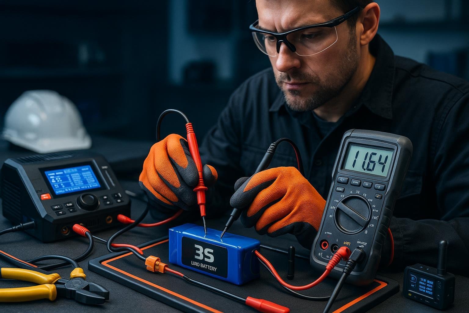 Senior battery engineer monitoring and managing 3S LiPo battery voltage using modern tools (2025 workbench setting)