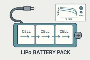 Diagram of a LiPo battery showing C-rate impact on current and voltage sag