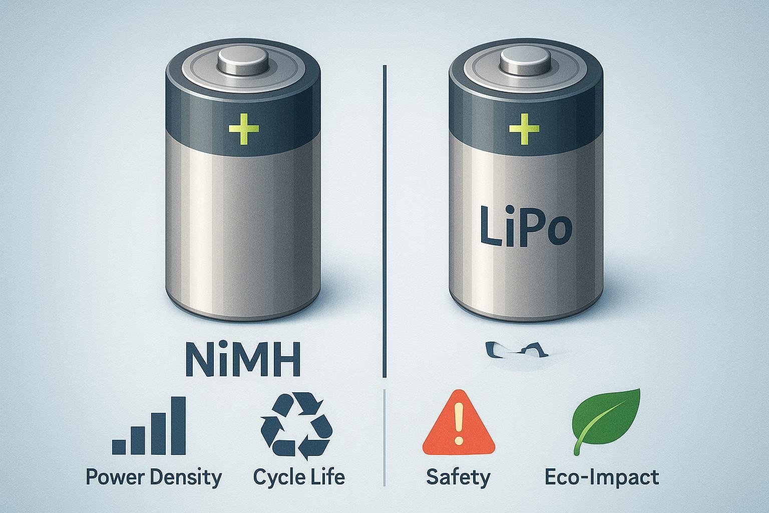 Comparative image of NiMH vs LiPo batteries emphasizing technology, safety, and environmental impact (2025)
