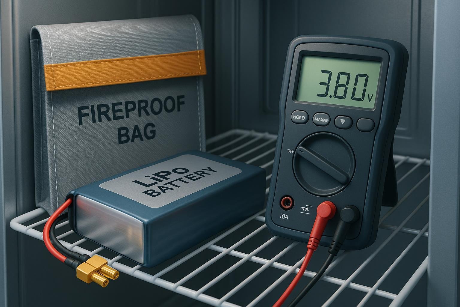 Proper LiPo battery storage voltage in 2025: battery pack, multimeter shows 3.8V, safe environment.