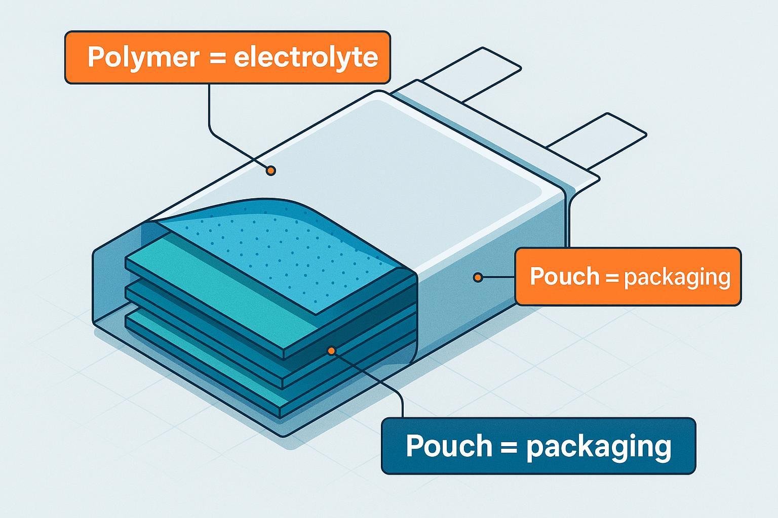 Infographic cutaway: polymer electrolyte inside a Li-ion pouch cell, highlighting Polymer vs Pouch.