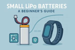 Small LiPo battery with JST-PH beside a wearable band and CC/CV curve