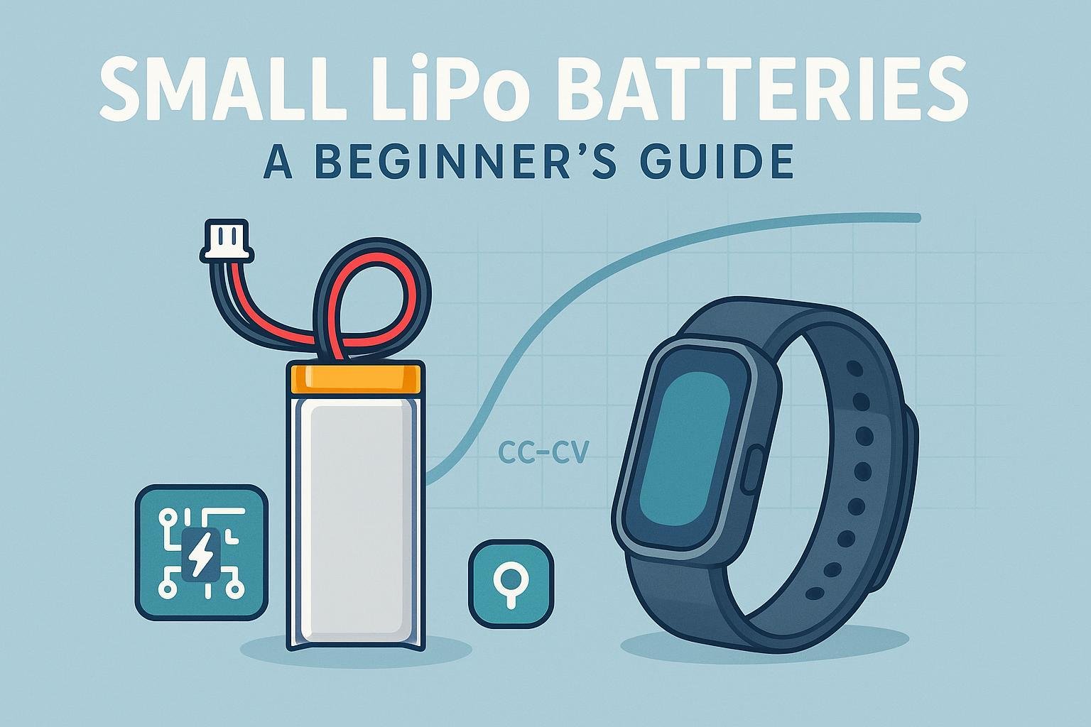 Small LiPo battery with JST-PH beside a wearable band and CC/CV curve