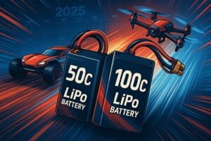 50C vs 100C LiPo battery comparison with RC car and drone, energetic 2025 racing theme.