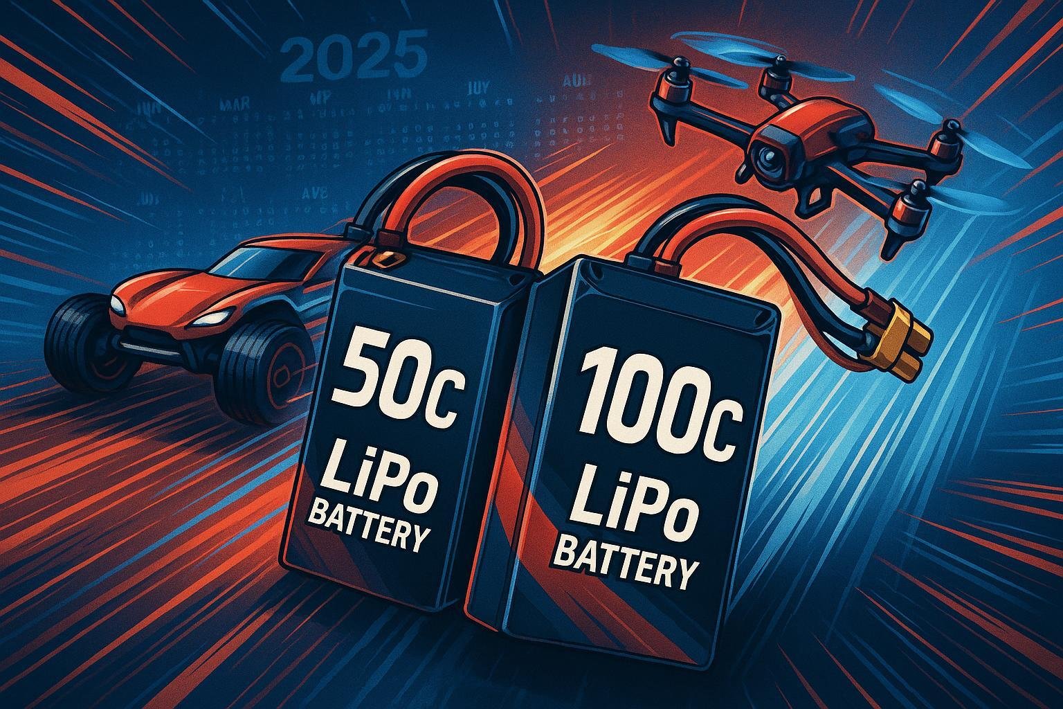 50C vs 100C LiPo battery comparison with RC car and drone, energetic 2025 racing theme.