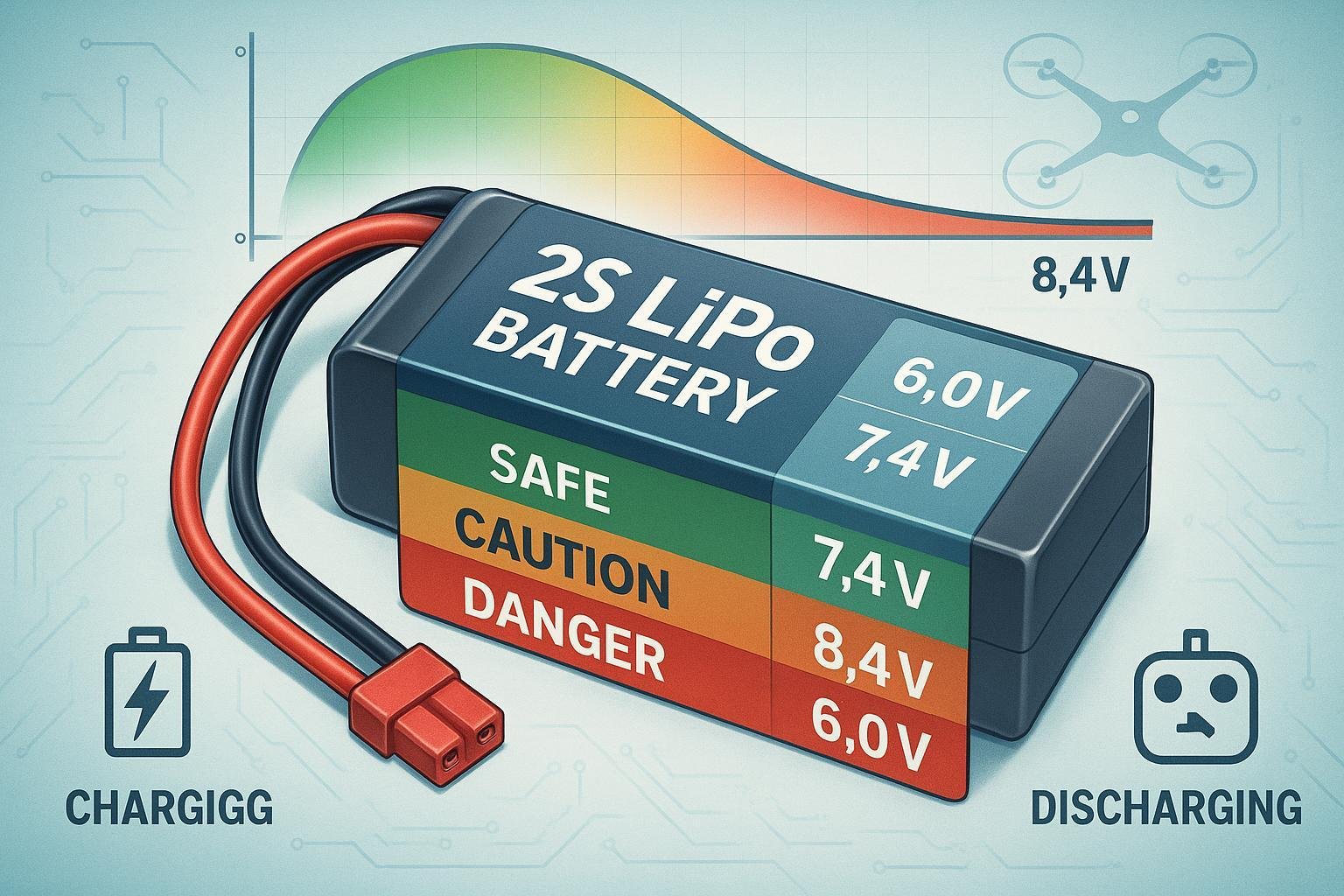 2S LiPo battery voltage zones infographic with safe, caution, and danger ranges for nominal, max, and min thresholds.