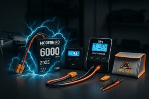 Modern LiPo dischargers, batteries, and safety gear with drone and RC car on a hobbyist