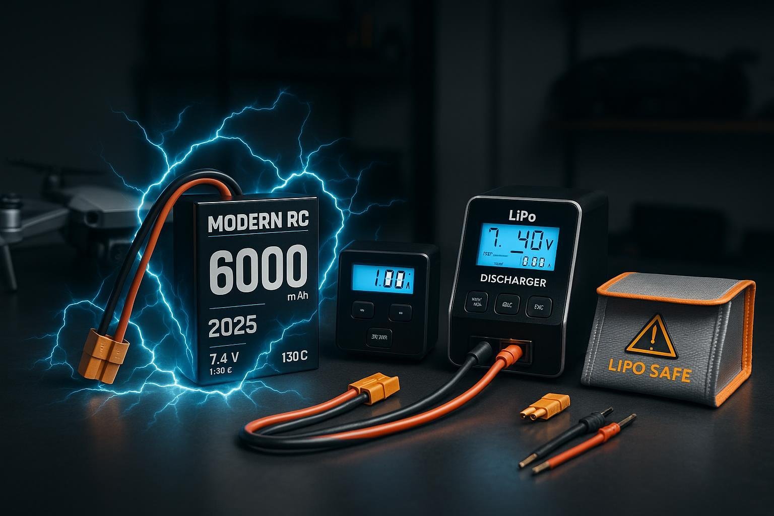 Modern LiPo dischargers, batteries, and safety gear with drone and RC car on a hobbyist