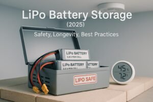 Safe LiPo battery storage setup with vented metal box, LiPo packs at 3.8V per cell, hygrometer and thermometer, and smoke detector (2025).