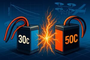 30C vs 50C LiPo battery comparison showing energy arcs, graphs, and RC vehicle applications