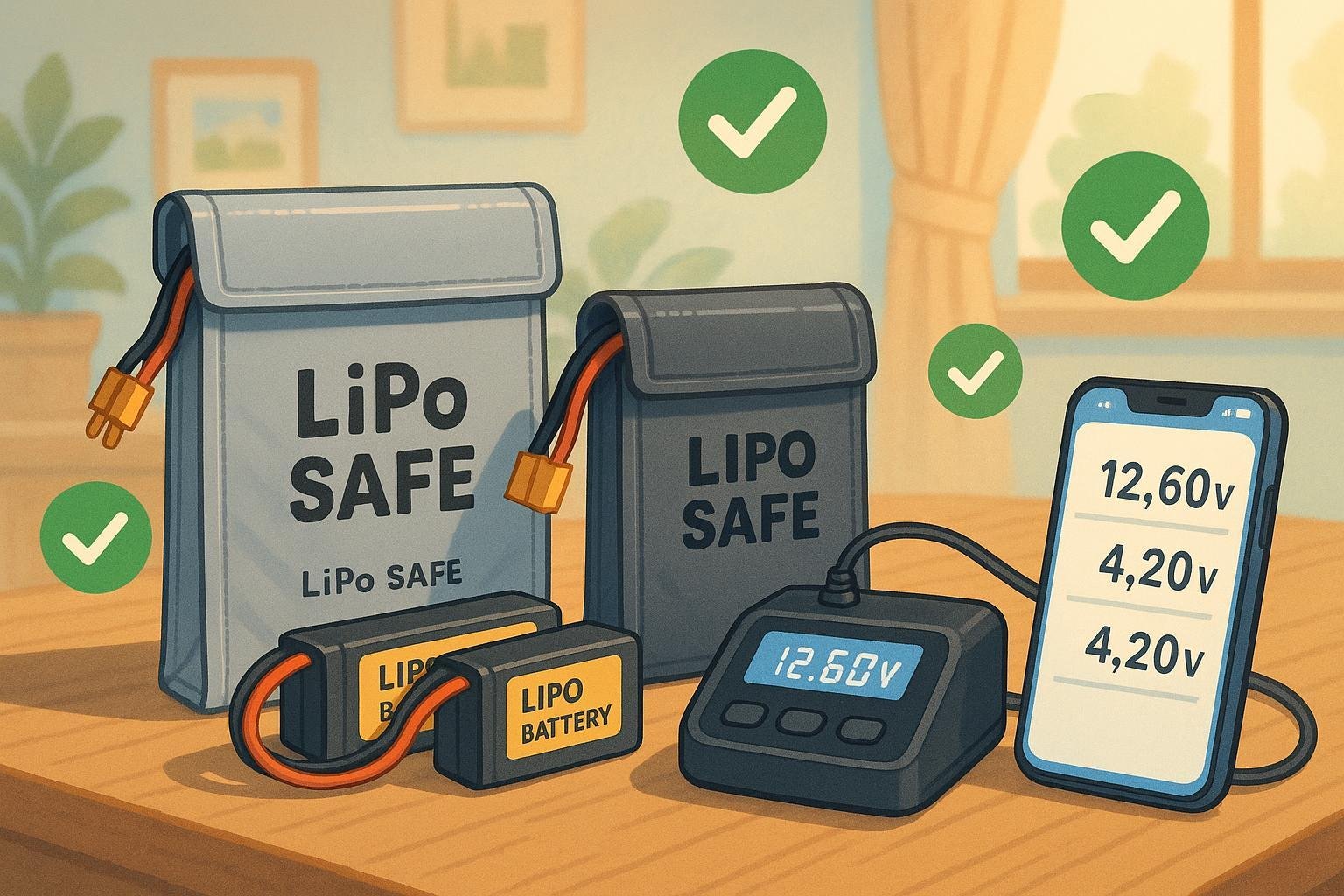 LiPo batteries stored safely with smart charger and app, beginner-friendly storage setup.