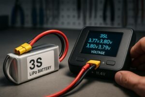 3S LiPo battery on charger, technician checking voltage, modern RC workshop.