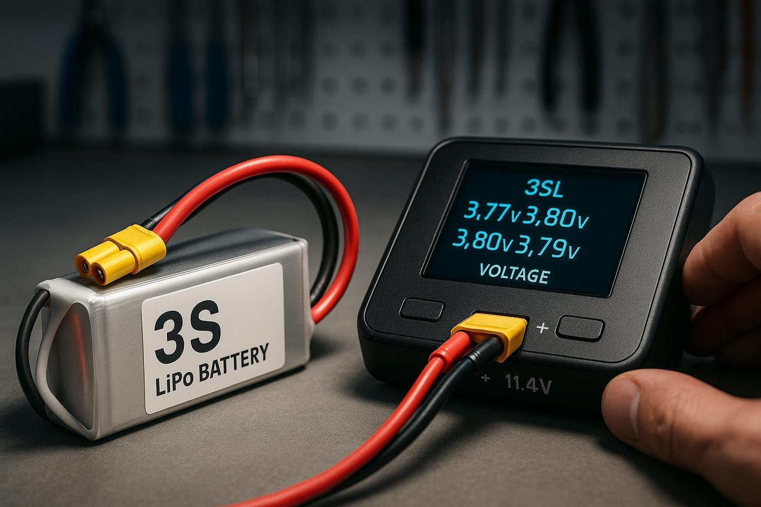 3S LiPo battery on charger, technician checking voltage, modern RC workshop.