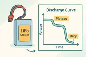 LiPo battery with annotated discharge curve—beginner-friendly illustration