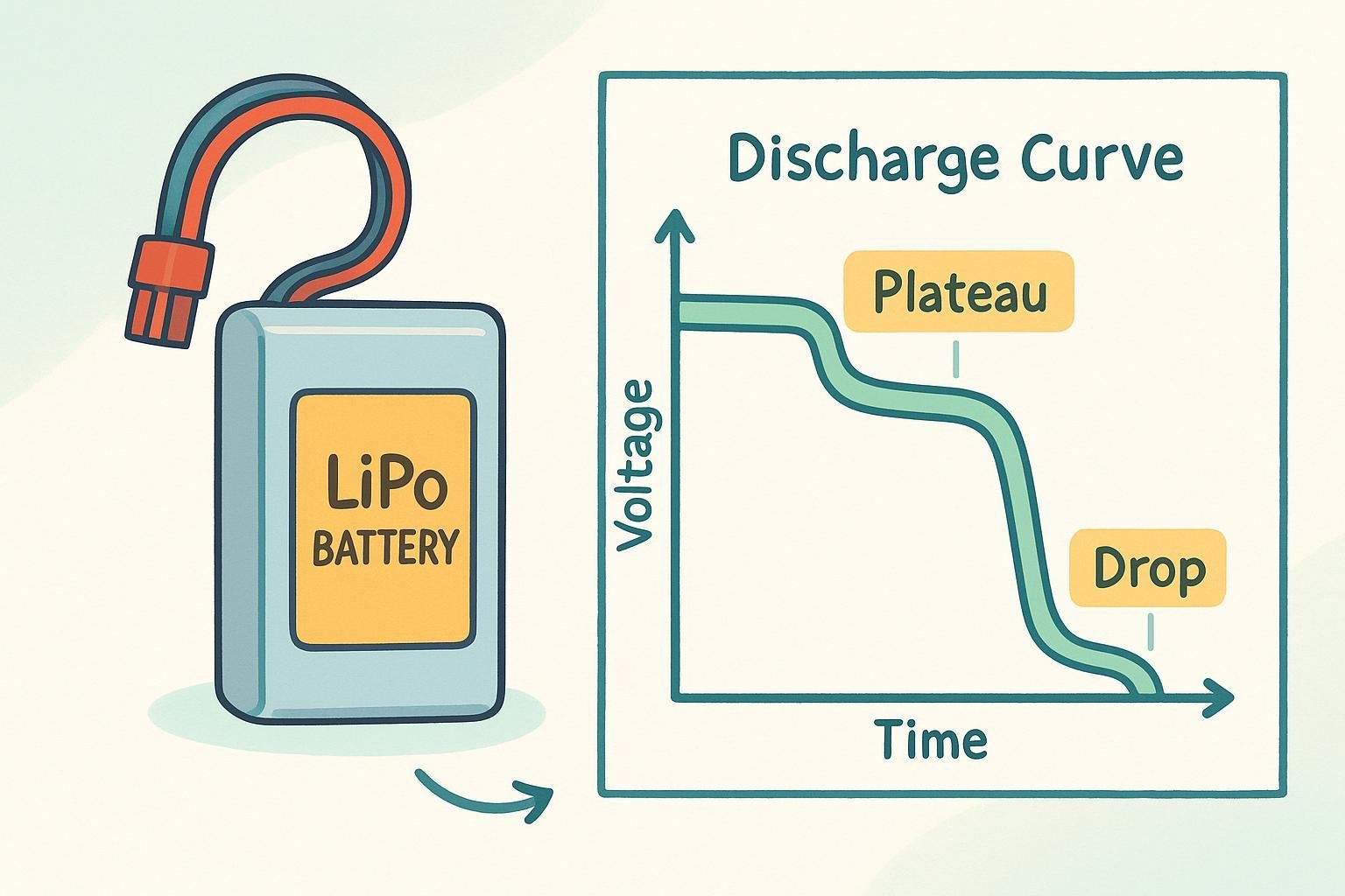 LiPo battery with annotated discharge curve—beginner-friendly illustration
