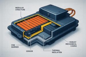 Electric vehicle battery pack cross-section showcasing safety and performance packaging solutions