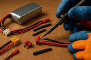 Close-up of LiPo battery connector installation at an electronics workbench, showing safe soldering and common connector types.