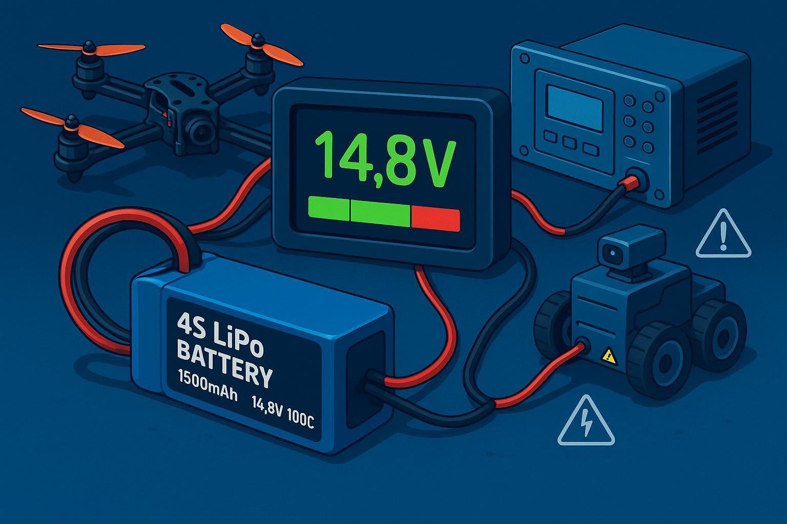 Advanced 4S LiPo battery application in racing, robotics, and industrial control with voltage monitoring visual