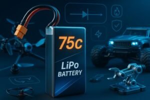 Modern LiPo battery with C-rating markings and application devices (FPV drone, RC car, robotics) with current and safety diagrams.