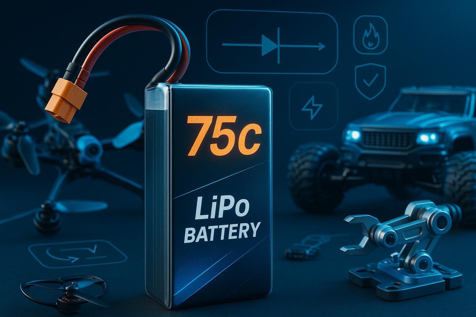Modern LiPo battery with C-rating markings and application devices (FPV drone, RC car, robotics) with current and safety diagrams.