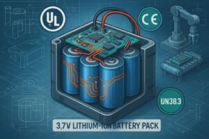 Custom 3.7V lithium ion battery pack technical cross-section with engineering schematics and global certification icons.