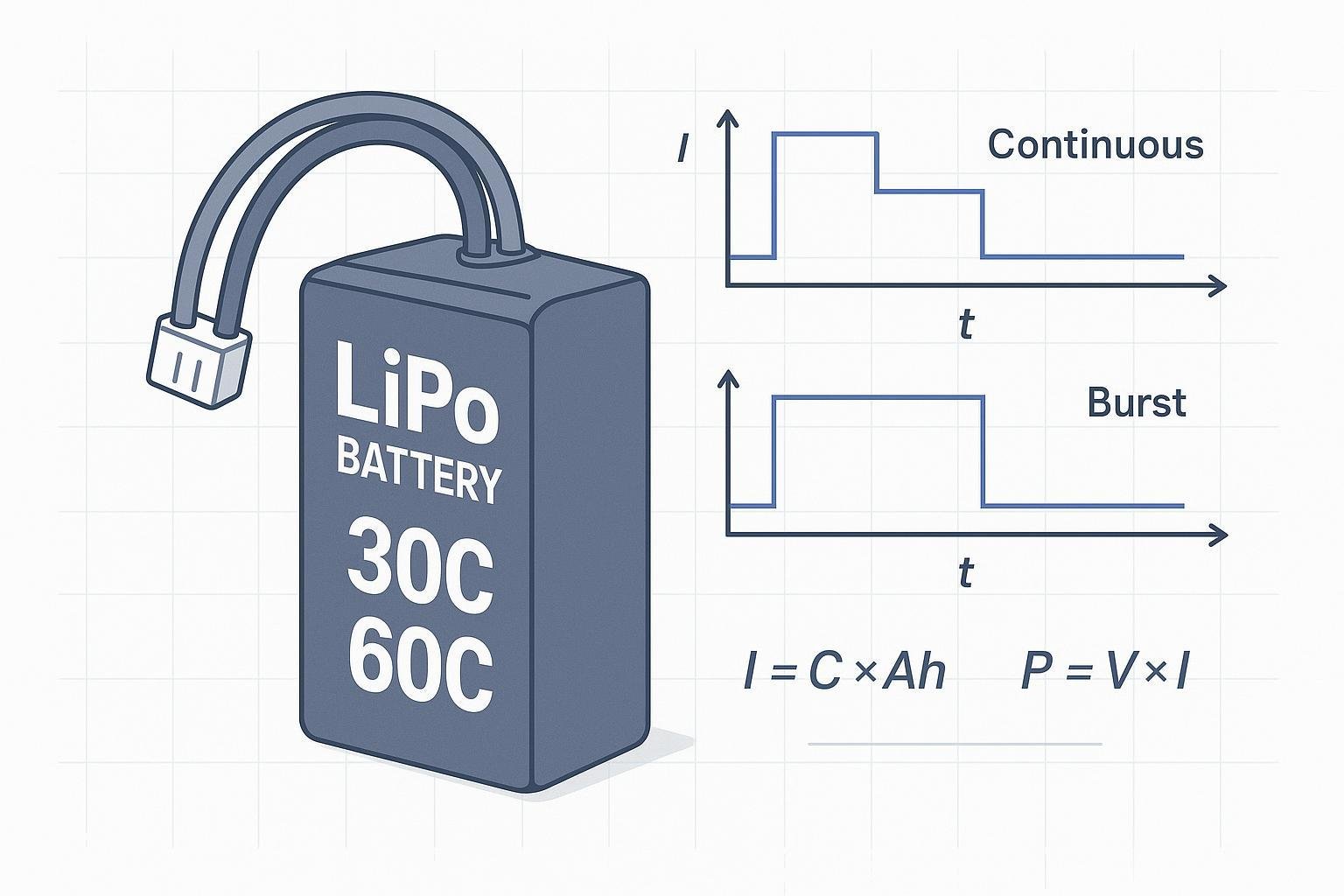 LiPo battery C rating explained: continuous vs. burst with current-time graph