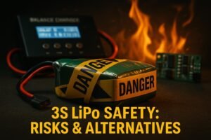 Close-up of a 3S LiPo battery showing signs of danger, surrounded by modern safety gear and charging equipment.