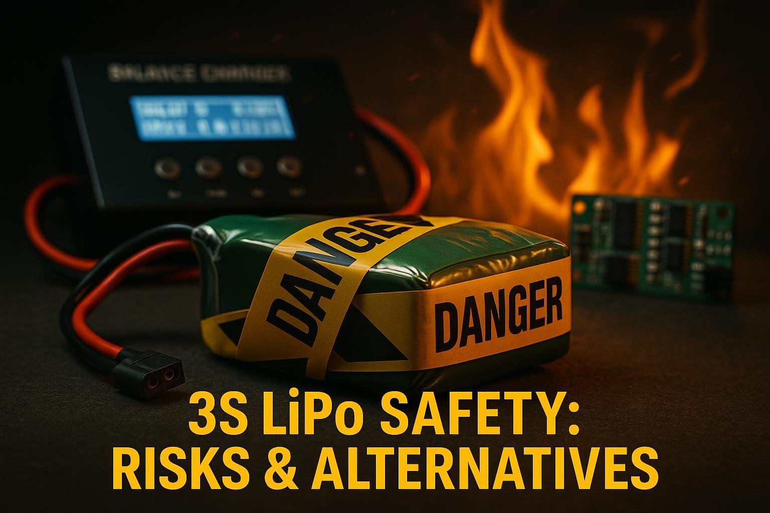 Close-up of a 3S LiPo battery showing signs of danger, surrounded by modern safety gear and charging equipment.