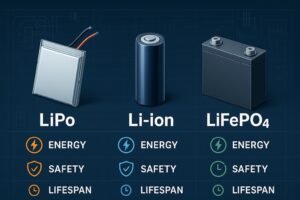 Cover image showing LiPo vs Li-ion vs LiFePO4 batteries compared visually, featuring icons for energy, safety, and lifespan with a modern scientific design.