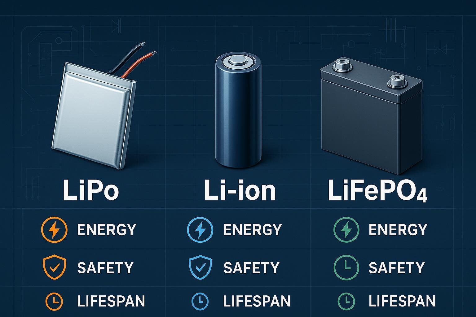 Cover image showing LiPo vs Li-ion vs LiFePO4 batteries compared visually, featuring icons for energy, safety, and lifespan with a modern scientific design.
