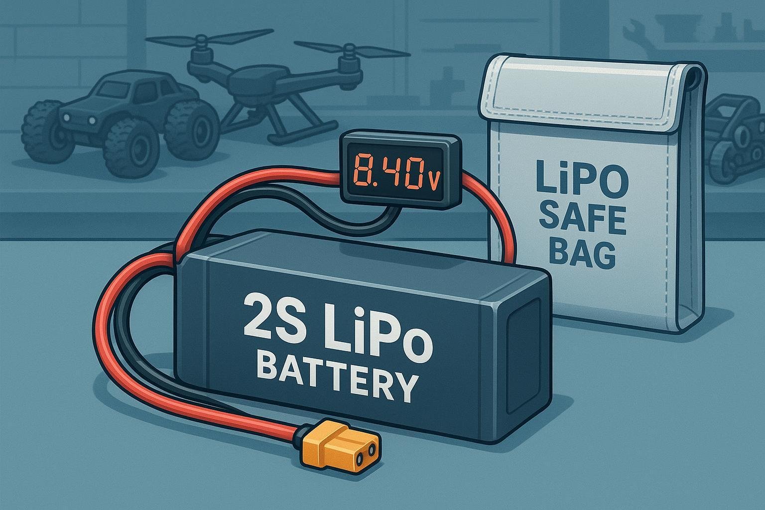 A 2S LiPo battery displaying 8.40V on a voltage meter, surrounded by RC and robotics components in a safe charging setup.