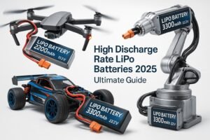 Cover image for the Ultimate Guide: High Discharge Rate LiPo Batteries 2025, showcasing top batteries powering drone, RC car, and industrial robot in a sleek, high-tech style.